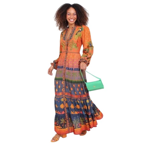 FARM Rio Dresses & Skirts - Farm Rio Est Mil Arvor Tropical Jungle Maxi Dress Orange Long‎ Sleeve Small NWT